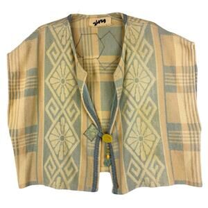 Vintage Artsy Lagenlook Patchwork Knit Single Button Poncho Wrap Shawl Yellow OS